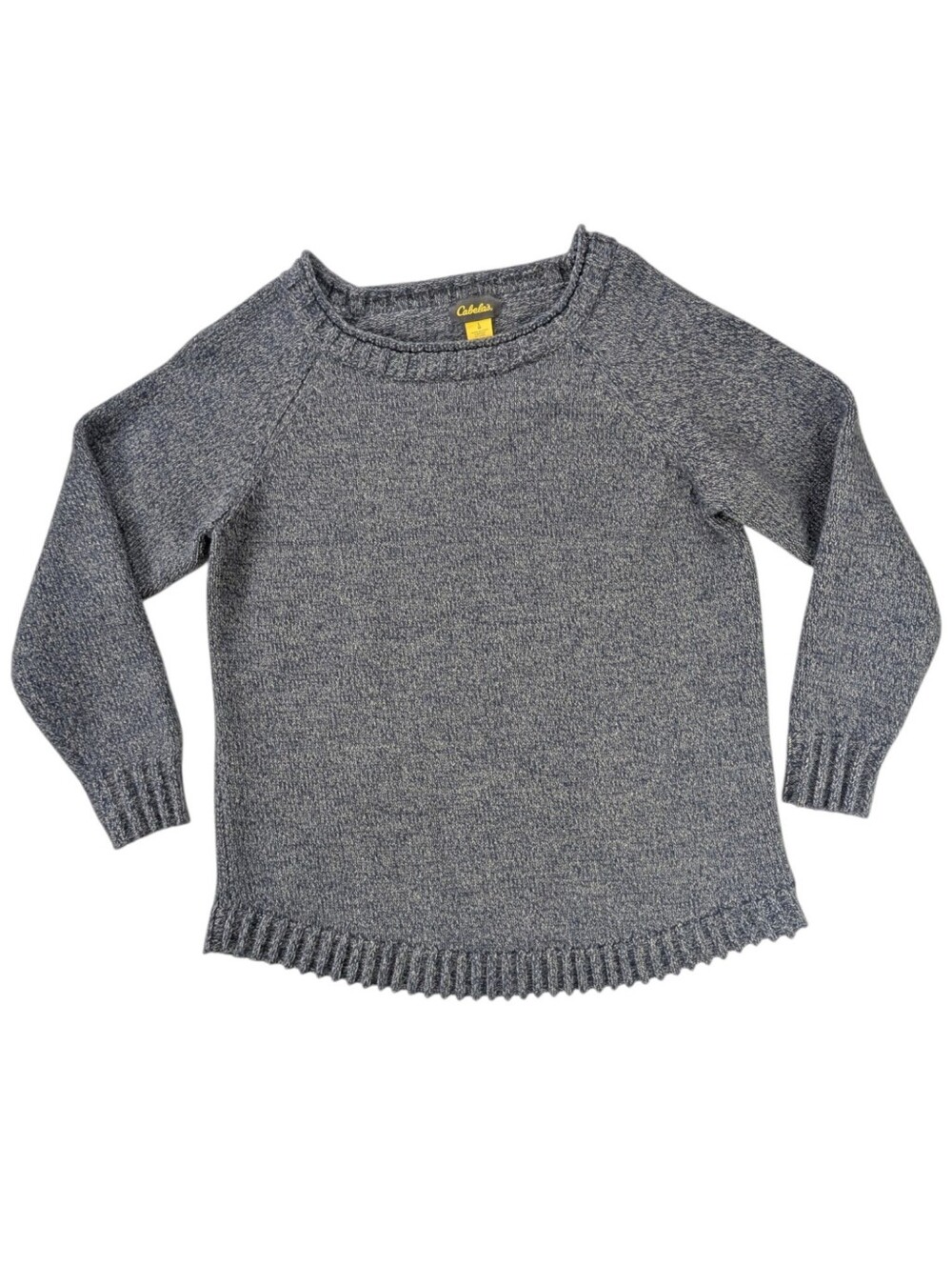 Cabela's Merino Wool Blend Sweater Blue Gray Marled Knit Large Womens Curved Hem